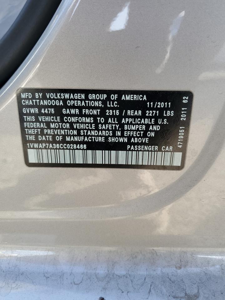 2012 Volkswagen Passat S VIN: 1VWAP7A36CC028466 Lot: 86386114
