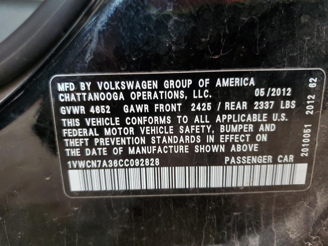 2012 Volkswagen Passat Sel VIN: 1VWCN7A36CC092828 Lot: 84262144