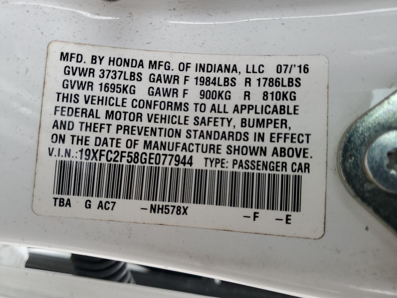 VIN 19XFC2F58GE077944 2016 HONDA CIVIC no.12