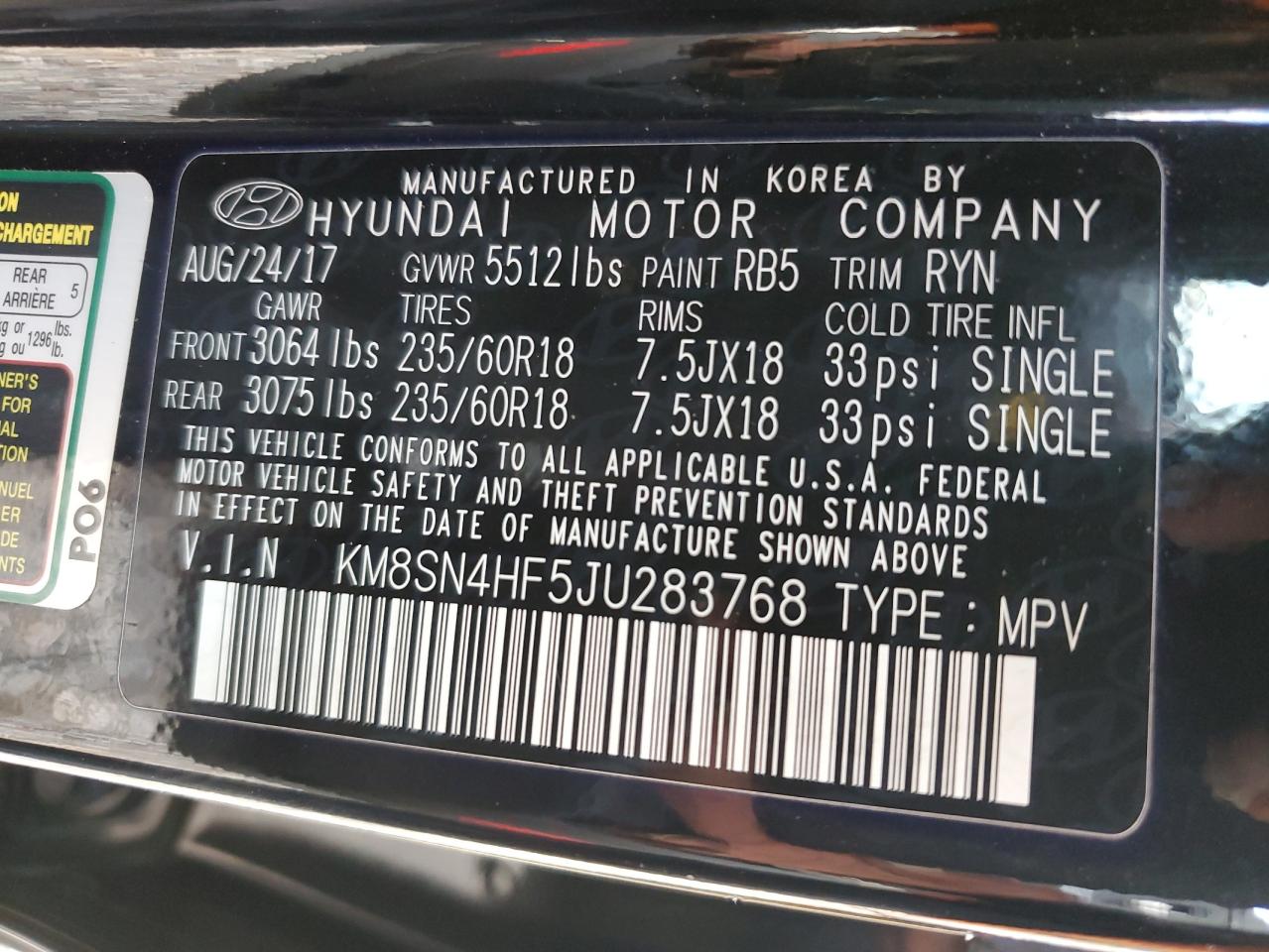 VIN KM8SN4HF5JU283768 2018 HYUNDAI SANTA FE no.13