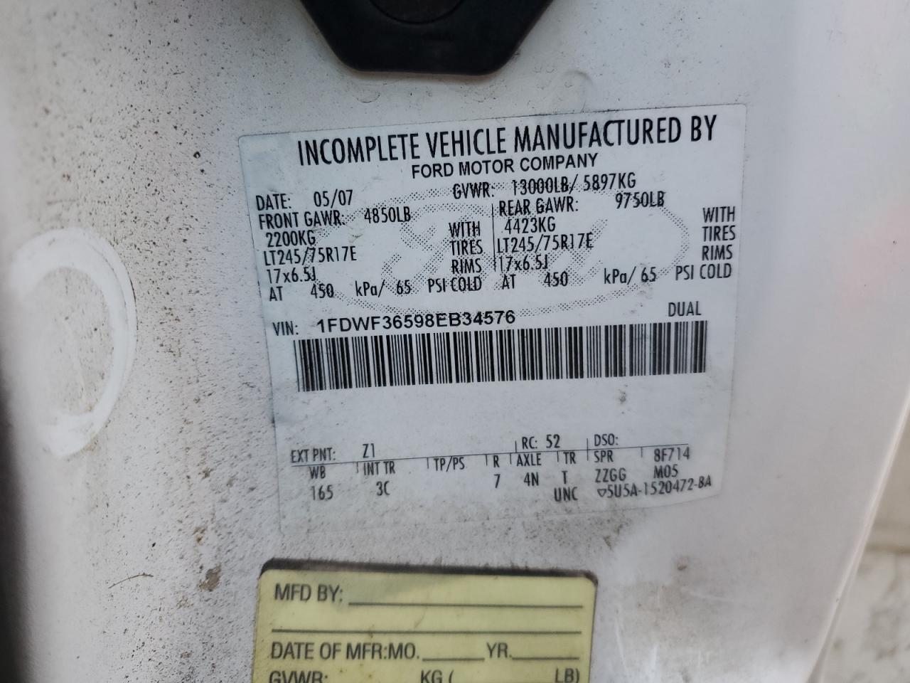 2008 Ford F350 Super Duty VIN: 1FDWF36598EB34576 Lot: 84682384