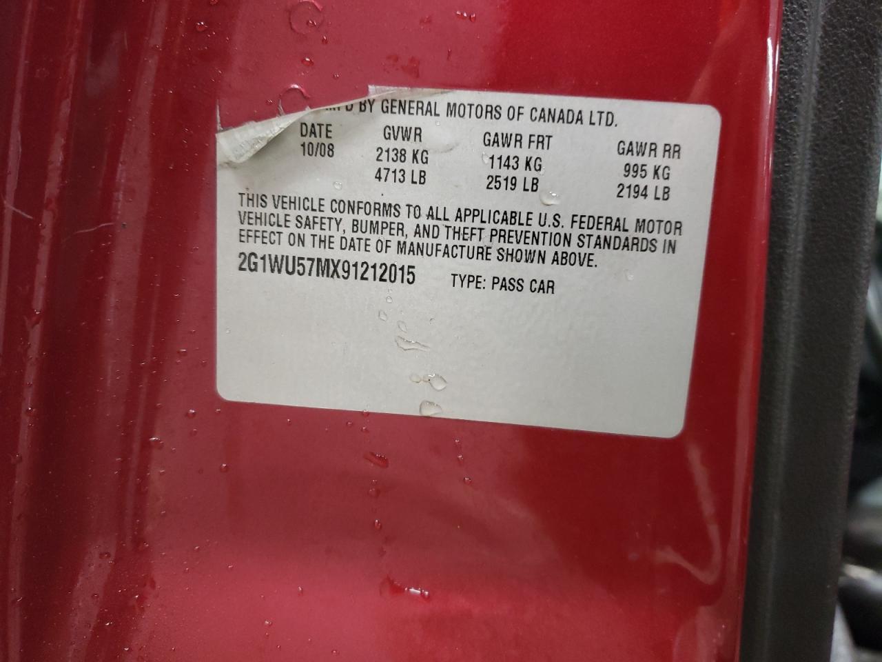 2009 Chevrolet Impala Ltz VIN: 2G1WU57MX91212015 Lot: 83659614