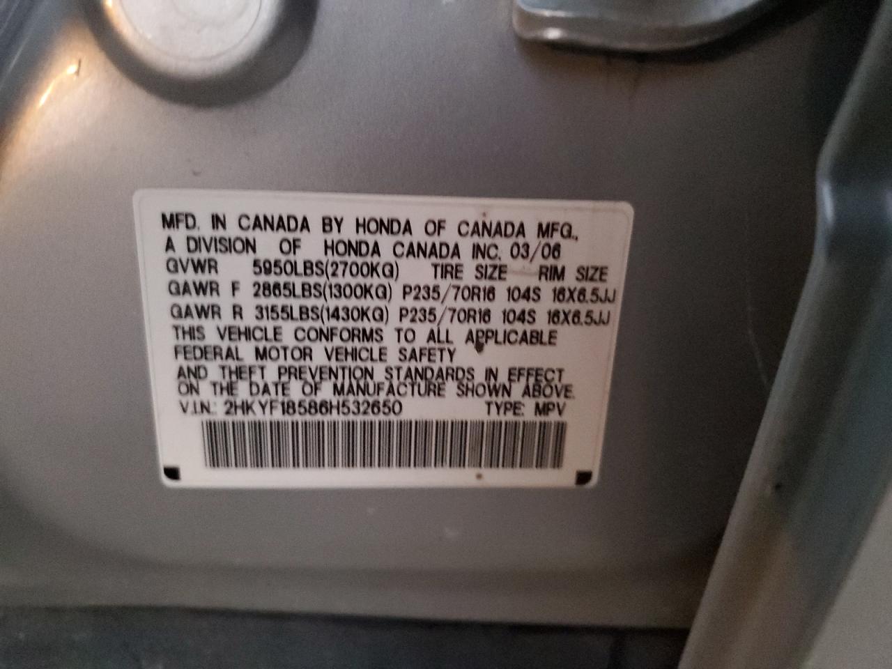 2006 Honda Pilot Ex VIN: 2HKYF18586H532650 Lot: 83018774