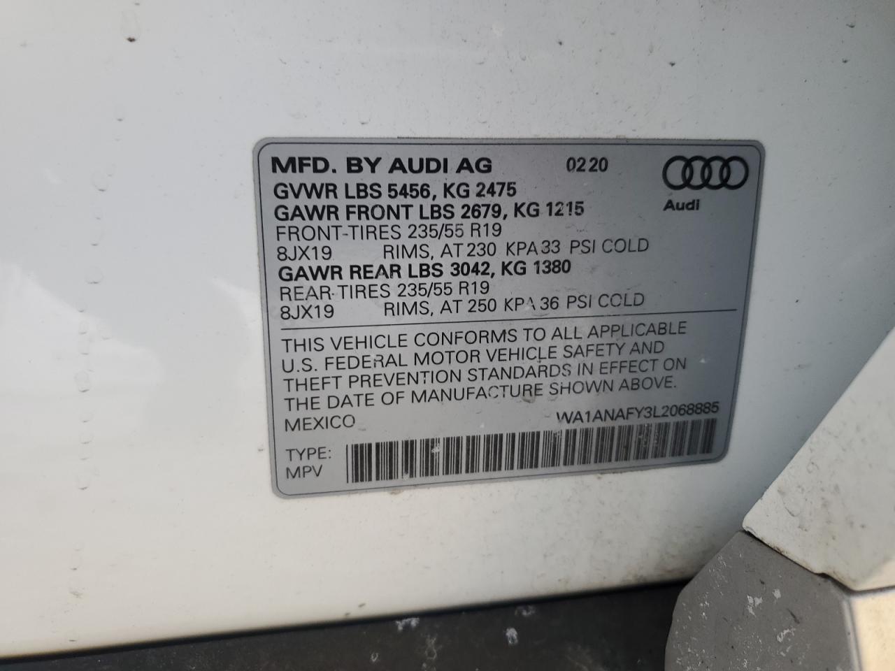 2020 Audi Q5 Premium VIN: WA1ANAFY3L2068885 Lot: 85640654