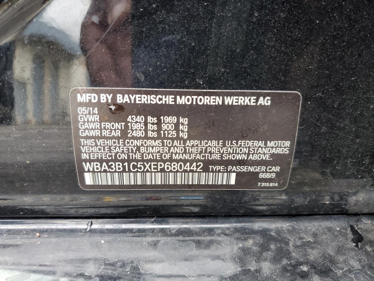 VIN WBA3B1C5XEP680442 2014 BMW 3 SERIES no.12