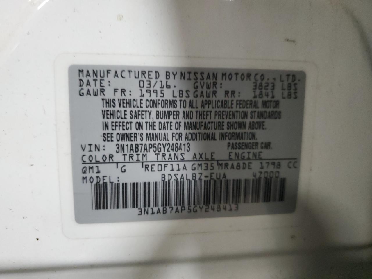 2016 Nissan Sentra S VIN: 3N1AB7AP5GY248413 Lot: 85351155