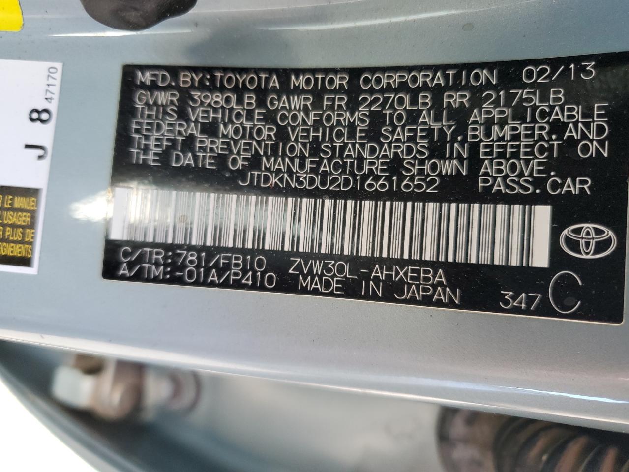 VIN JTDKN3DU2D1661652 2013 TOYOTA PRIUS no.13