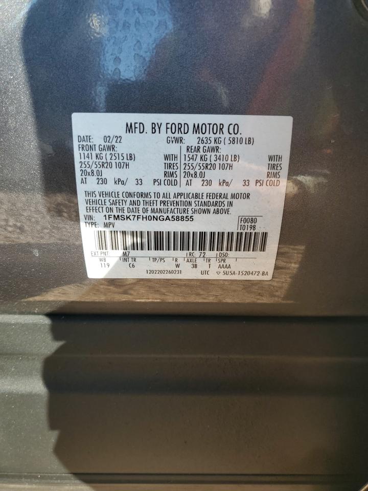 2022 Ford Explorer Limited VIN: 1FMSK7FH0NGA58855 Lot: 85155814