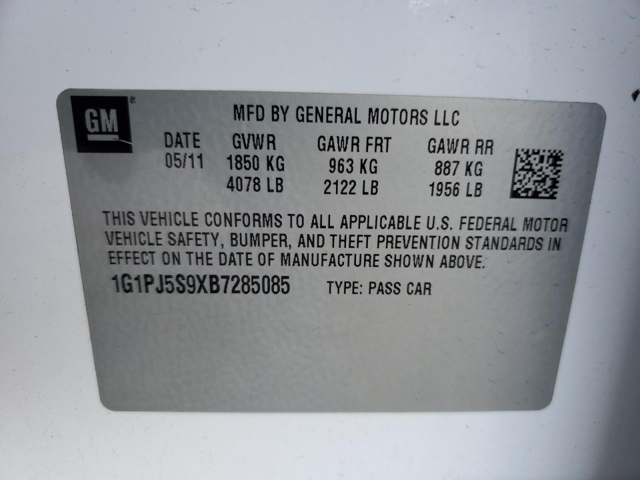 2011 Chevrolet Cruze Eco VIN: 1G1PJ5S9XB7285085 Lot: 60792265