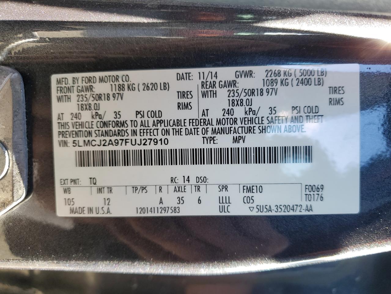 VIN 5LMCJ2A97FUJ27910 2015 LINCOLN MKZ no.13