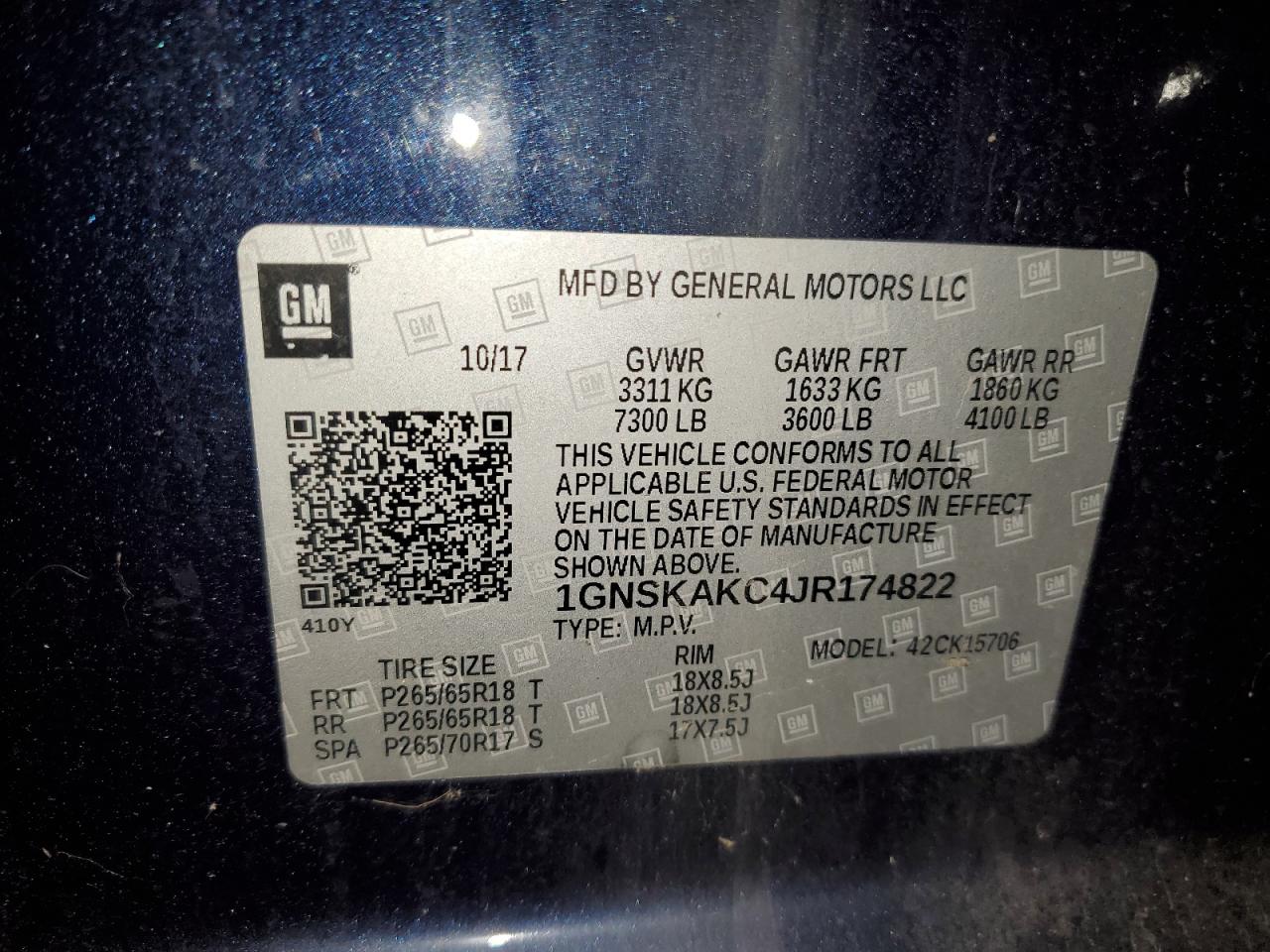 VIN 1GNSKAKC4JR174822 2018 CHEVROLET TAHOE no.13