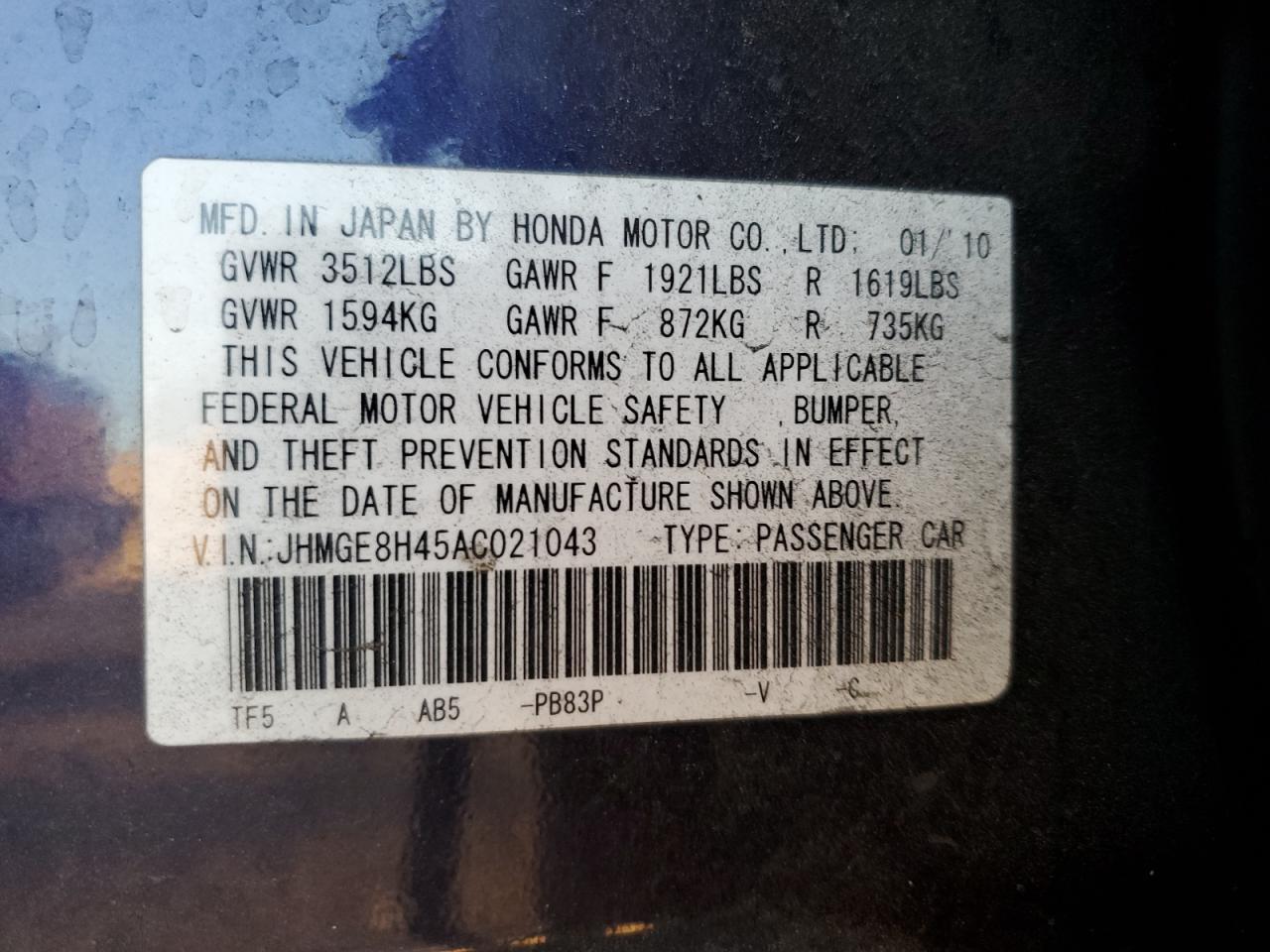 2010 Honda Fit Sport VIN: JHMGE8H45AC021043 Lot: 86171804