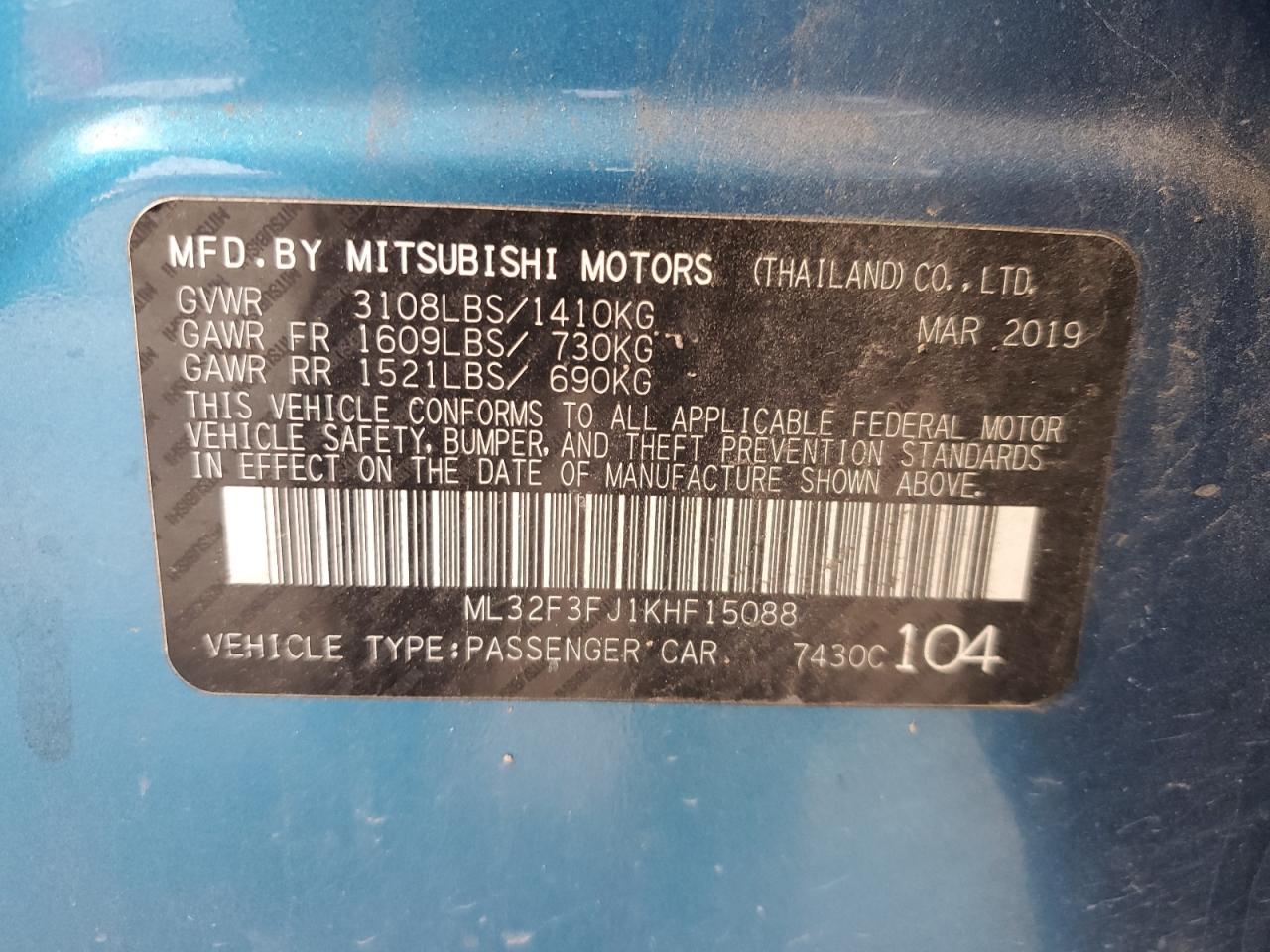 VIN ML32F3FJ1KHF15088 2019 MITSUBISHI MIRAGE no.12