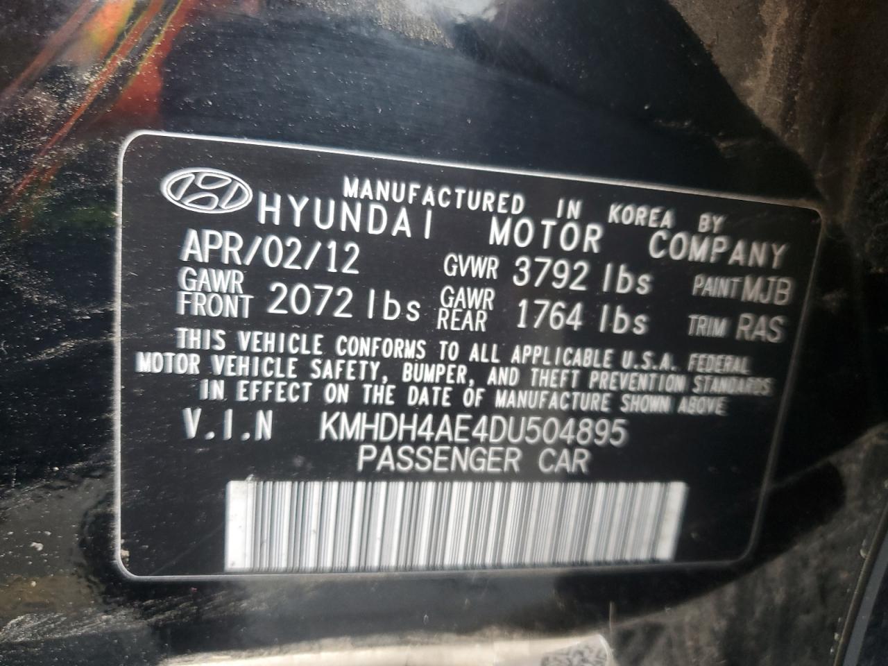 VIN KMHDH4AE4DU504895 2013 HYUNDAI ELANTRA no.12