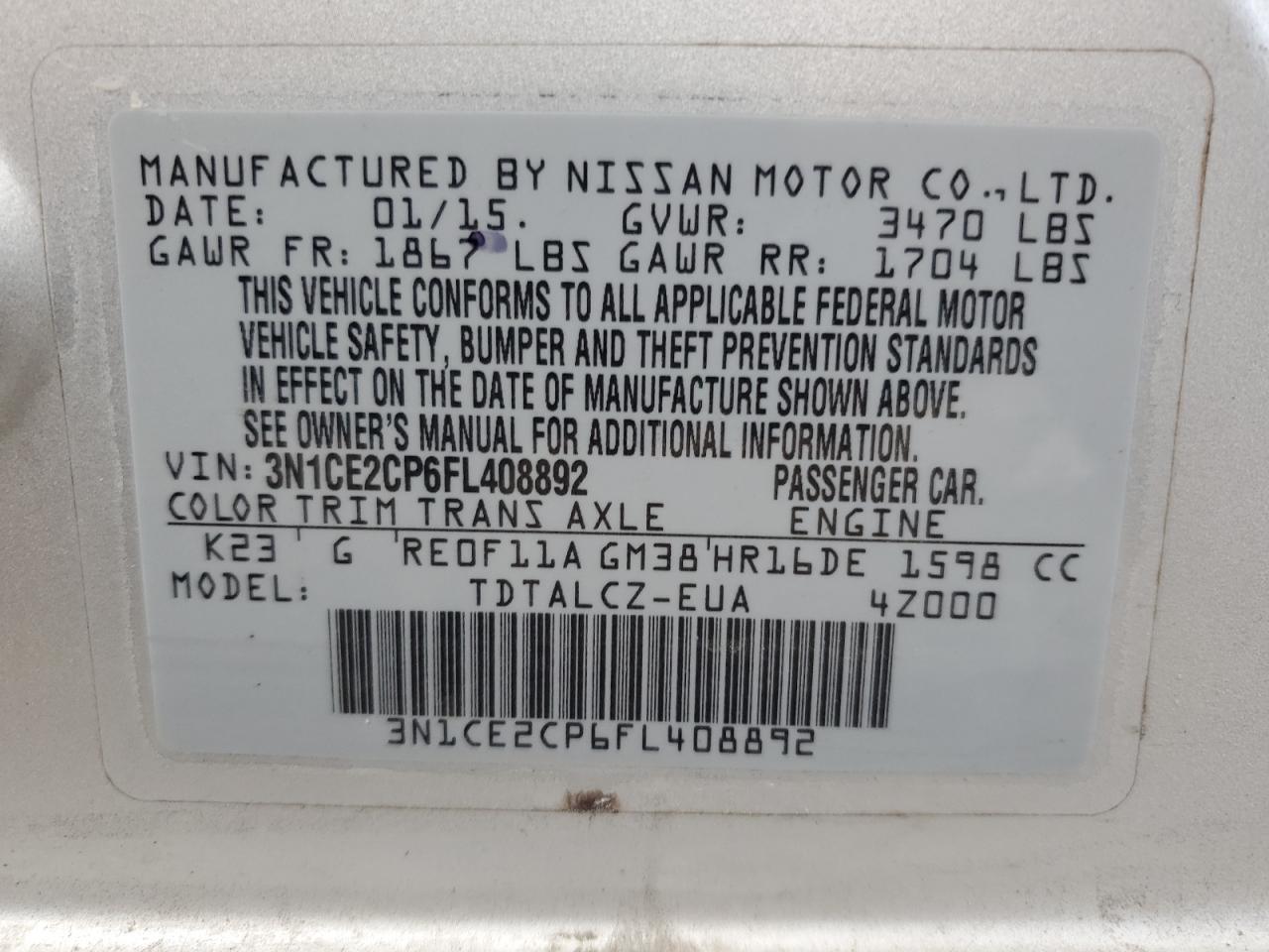 VIN 3N1CE2CP6FL408892 2015 NISSAN VERSA no.13