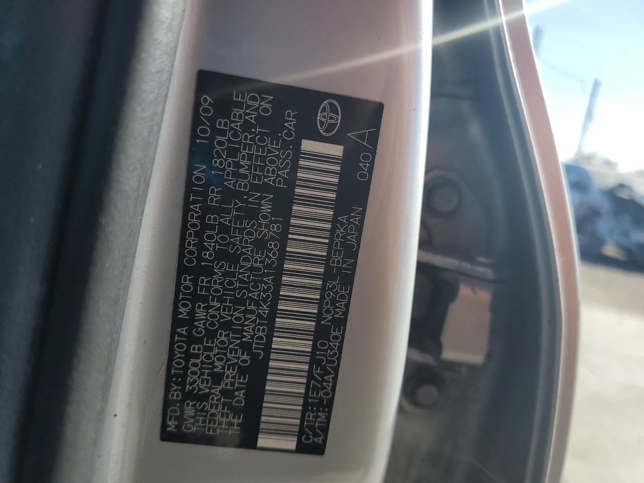 2010 Toyota Yaris VIN: JTDBT4K33A1368781 Lot: 86082524