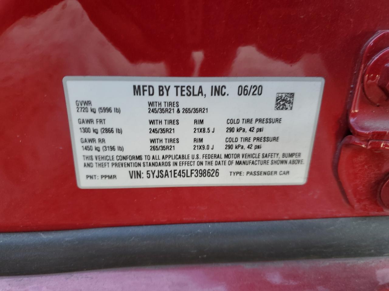 2020 Tesla Model S VIN: 5YJSA1E45LF398626 Lot: 84835904