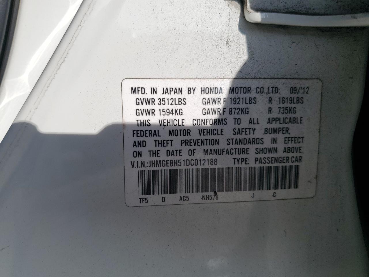 VIN JHMGE8H51DC012188 2013 HONDA FIT no.12