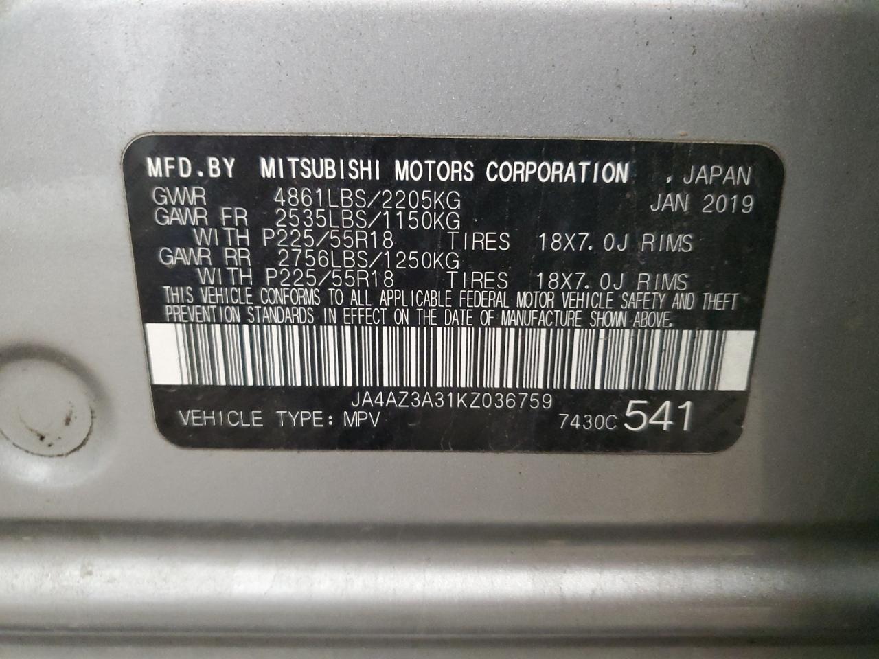 2019 Mitsubishi Outlander Se VIN: JA4AZ3A31KZ036759 Lot: 81475974