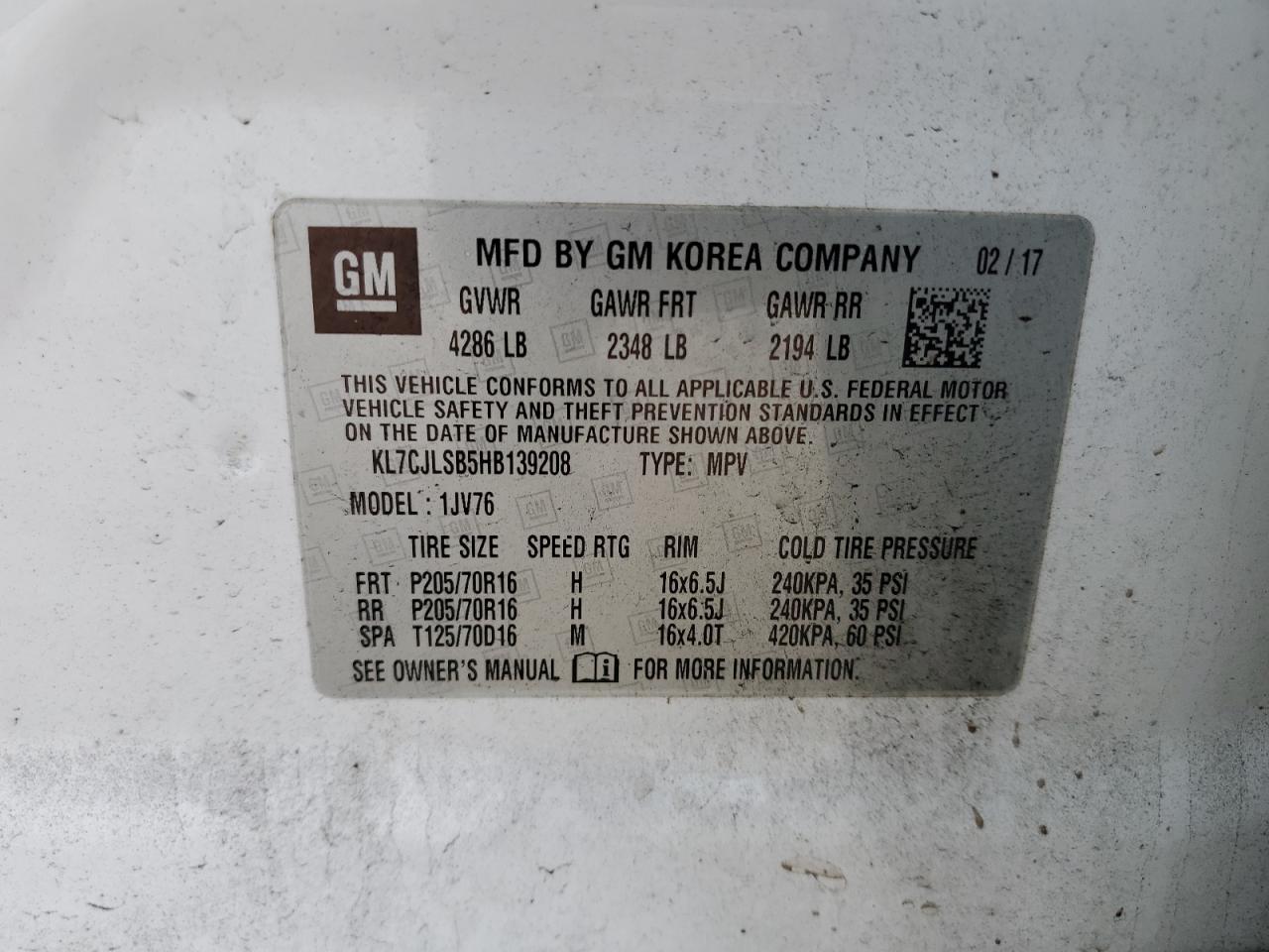 2017 Chevrolet Trax 1Lt VIN: KL7CJLSB5HB139208 Lot: 85086054