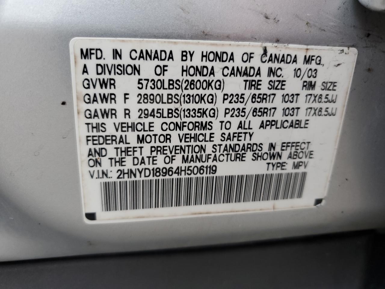 2004 Acura Mdx Touring VIN: 2HNYD18964H506119 Lot: 83385984