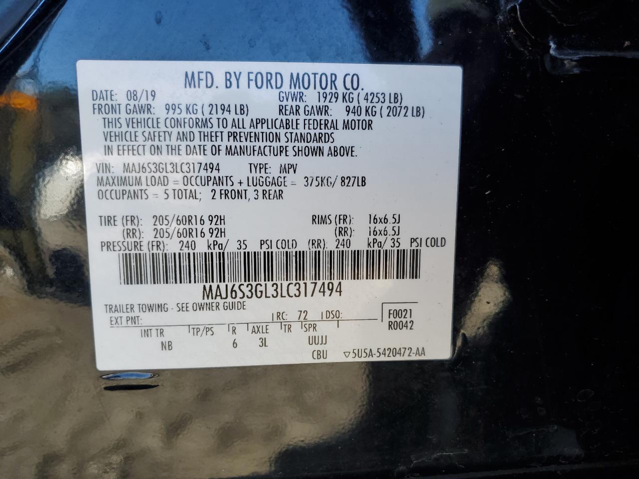 2020 Ford Ecosport Se VIN: MAJ6S3GL3LC317494 Lot: 84145664