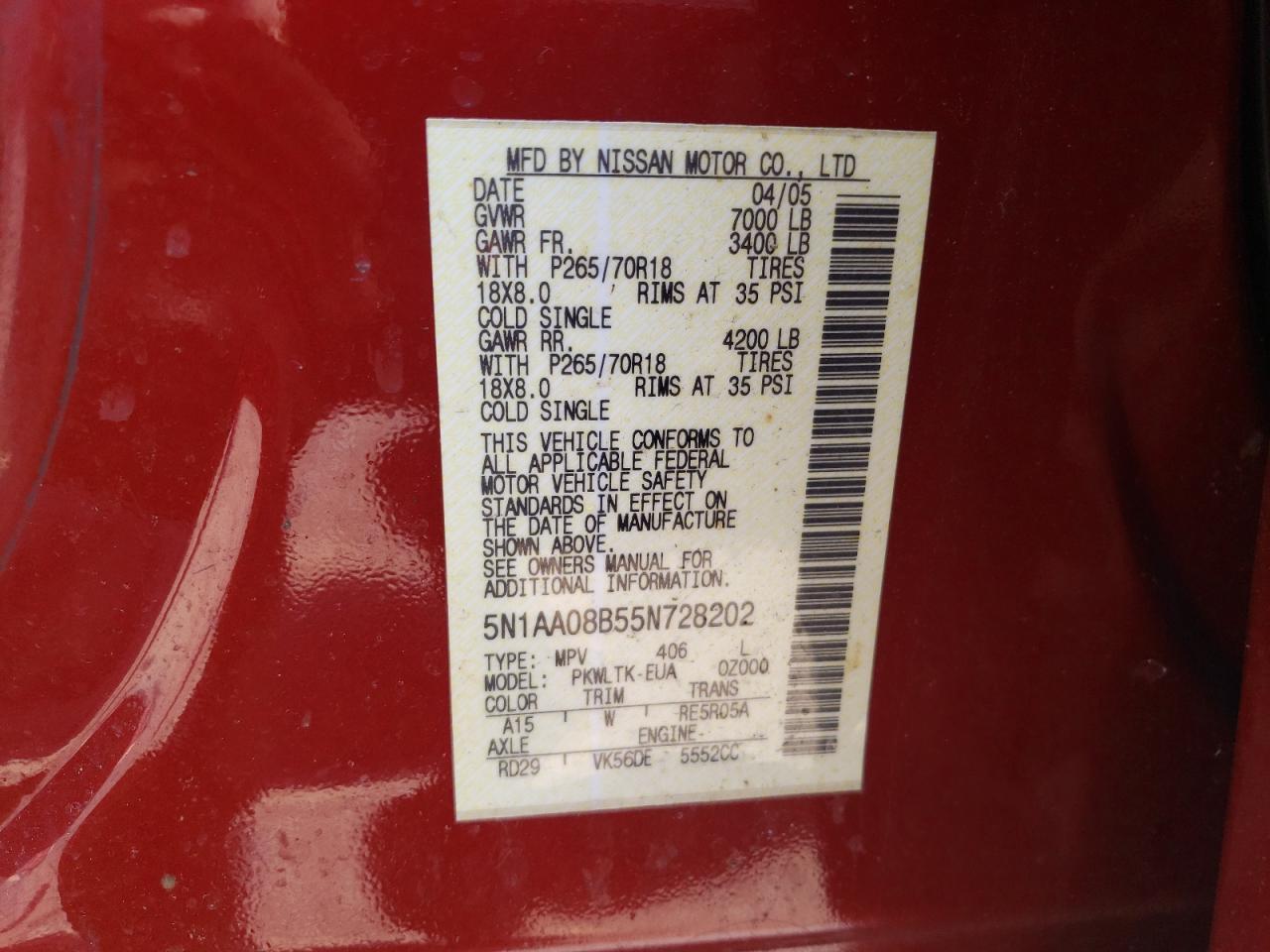 2005 Nissan Armada Se VIN: 5N1AA08B55N728202 Lot: 84242614