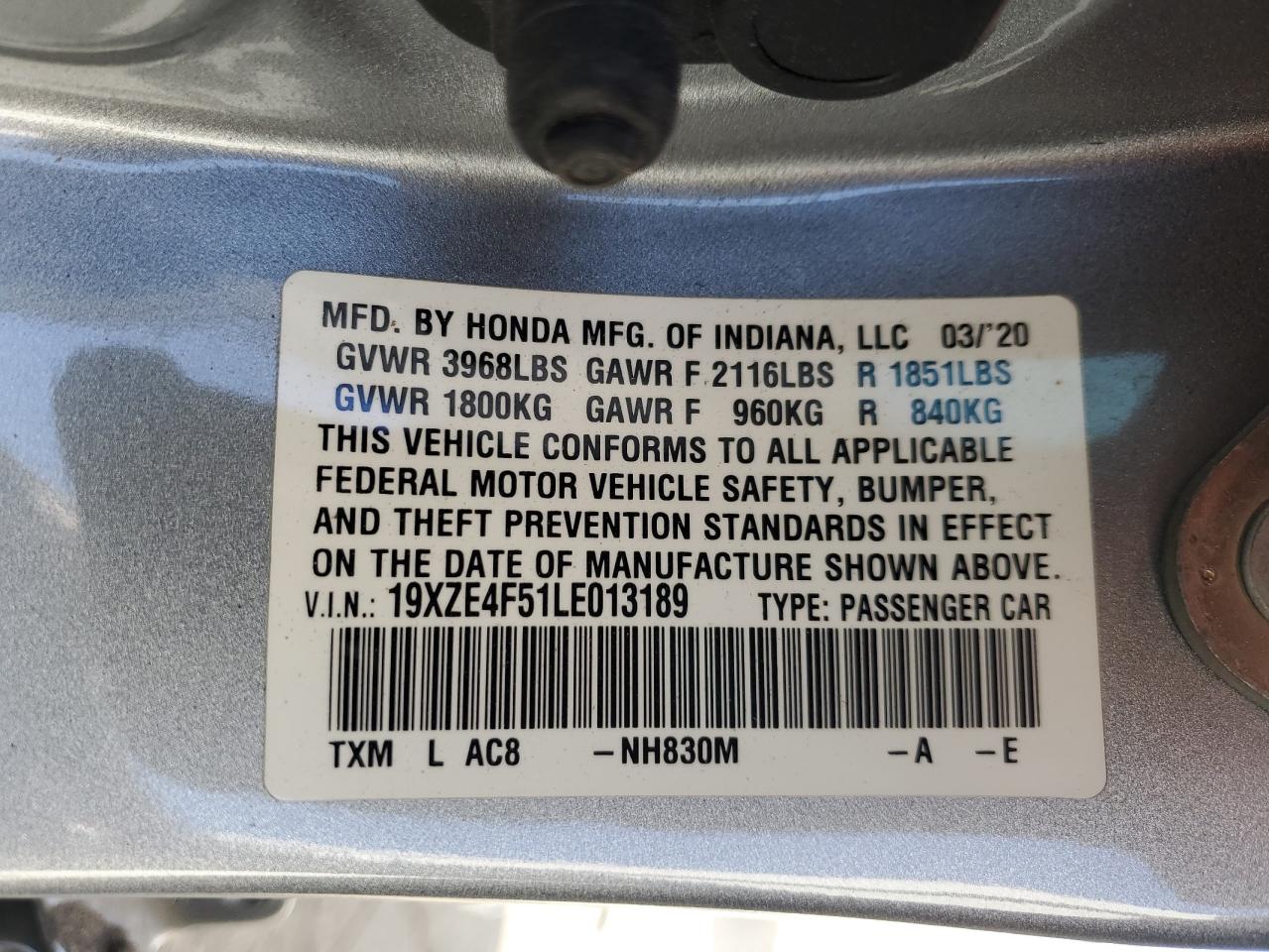 2020 Honda Insight Ex VIN: 19XZE4F51LE013189 Lot: 83752214