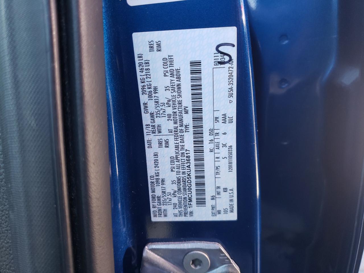1FMCU0GD5KUA36817 2019 FORD ESCAPE - Image 12