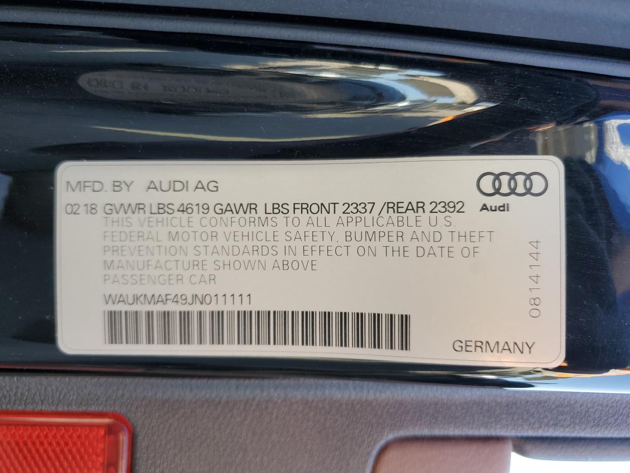 VIN WAUKMAF49JN011111 2018 AUDI A4 no.12