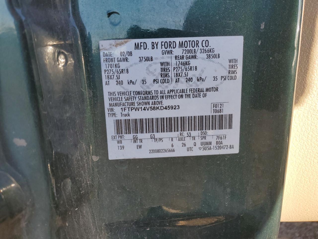 2008 Ford F150 Supercrew VIN: 1FTPW14V58KD45923 Lot: 83226584