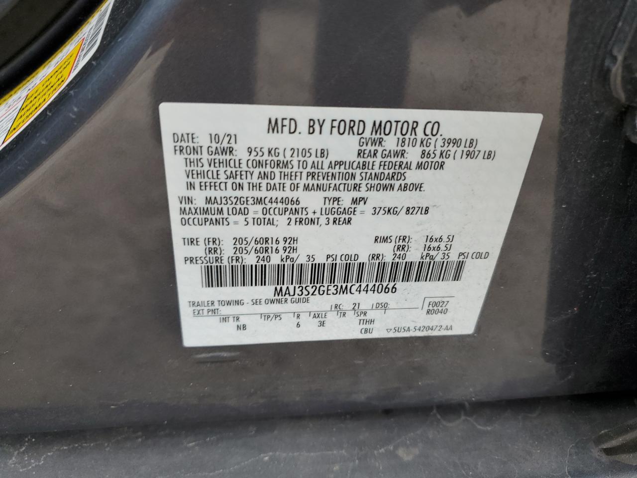 2021 Ford Ecosport Se VIN: MAJ3S2GE3MC444066 Lot: 85984974