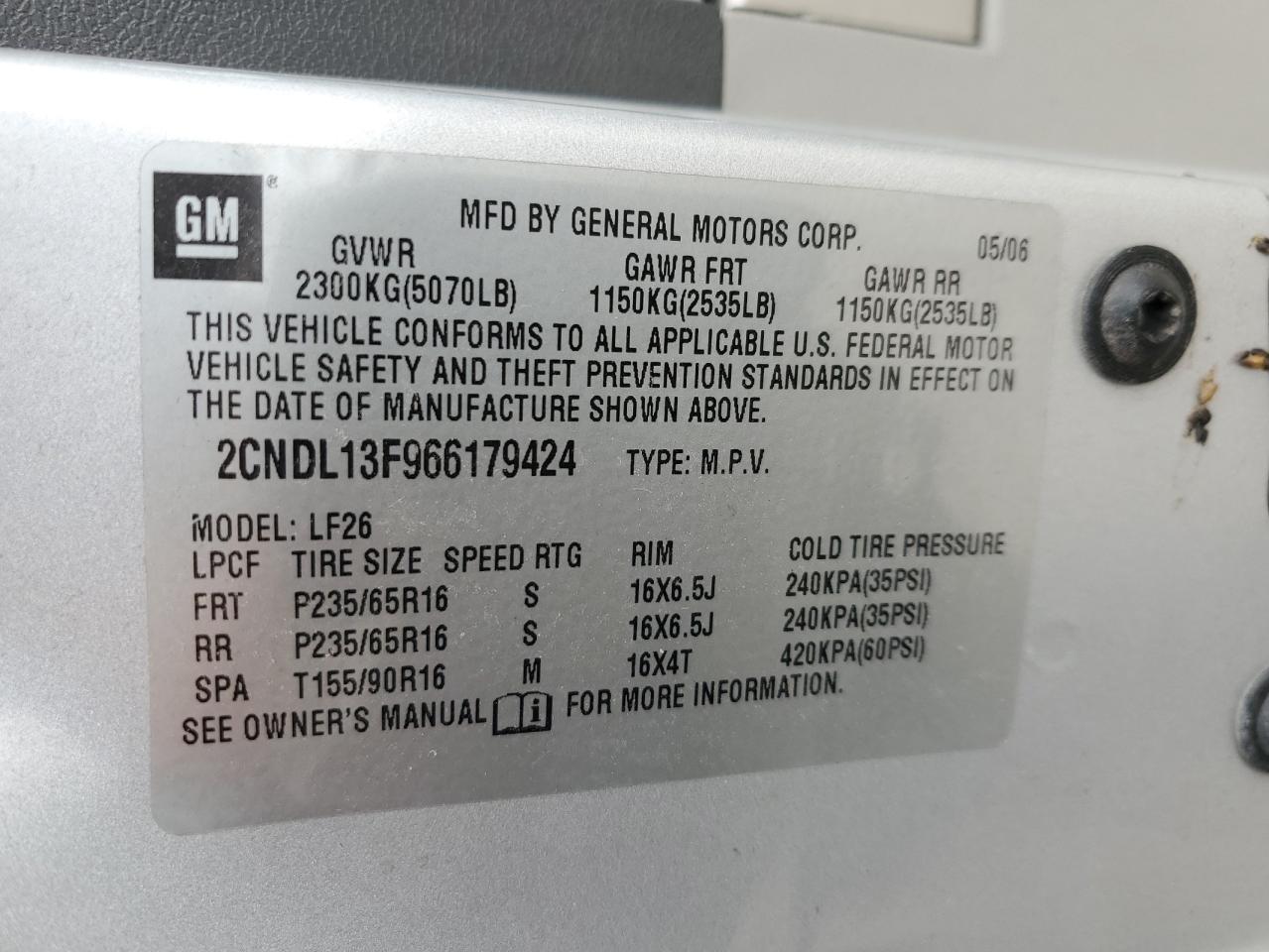 2006 Chevrolet Equinox Ls VIN: 2CNDL13F966179424 Lot: 84497124