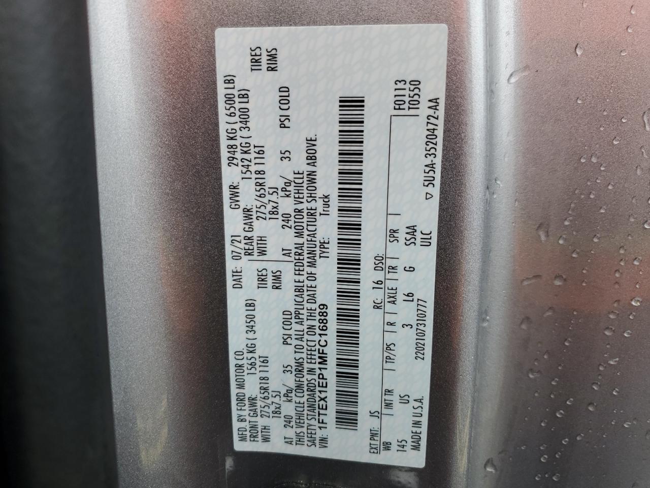 2021 Ford F150 Super Cab VIN: 1FTEX1EP1MFC16889 Lot: 81373104