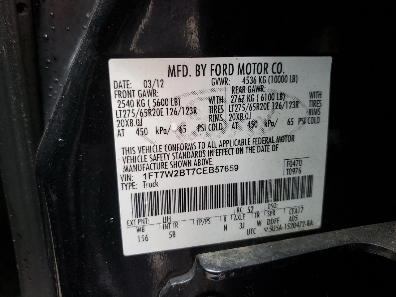 2012 Ford F250 Super Duty VIN: 1FT7W2BT7CEB57659 Lot: 83550784