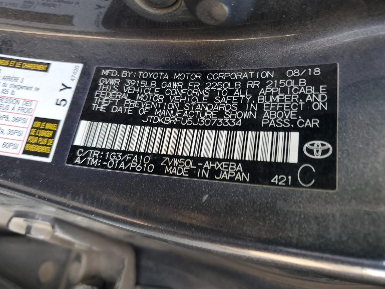 VIN JTDKBRFU5J3073334 2018 TOYOTA PRIUS no.13