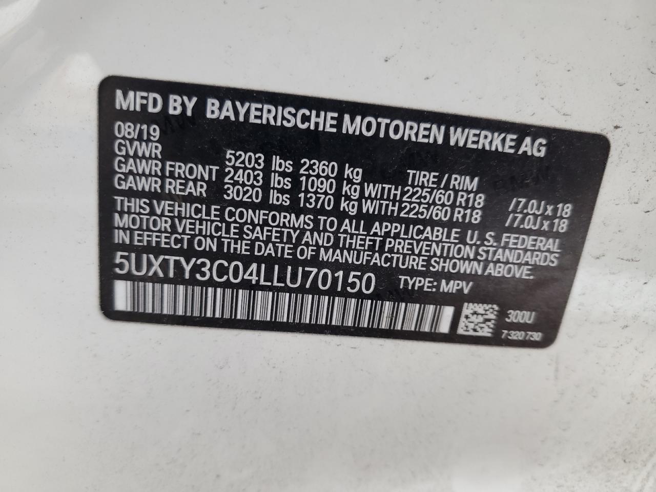 VIN 5UXTY3C04LLU70150 2020 BMW X3 no.13