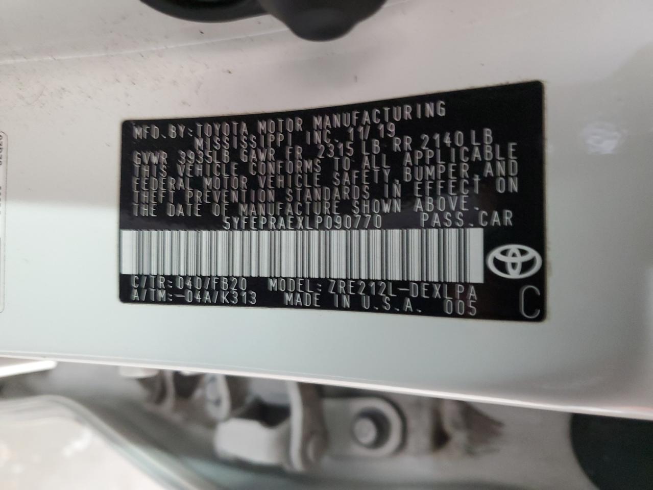 2020 Toyota Corolla Le VIN: 5YFEPRAEXLP090770 Lot: 86394194