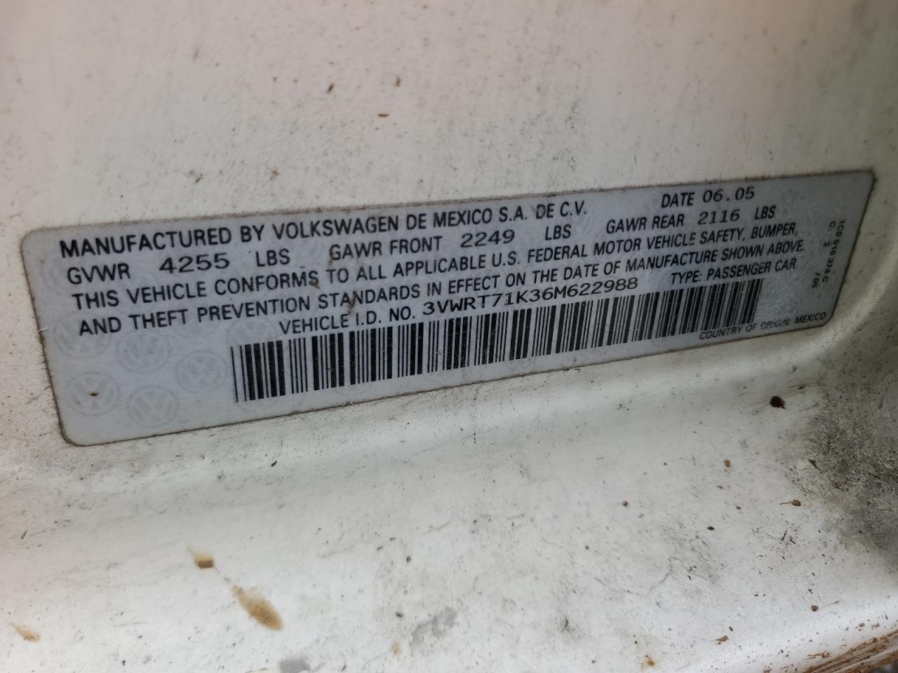 2006 Volkswagen Jetta Tdi VIN: 3VWRT71K36M622988 Lot: 86914664