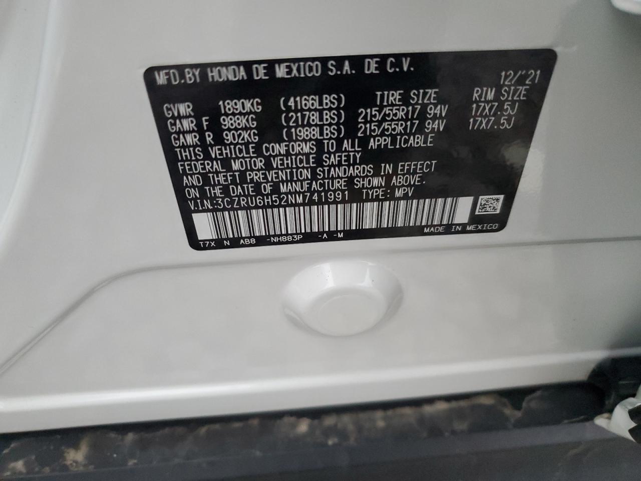 2022 Honda Hr-V Ex VIN: 3CZRU6H52NM741991 Lot: 85229214