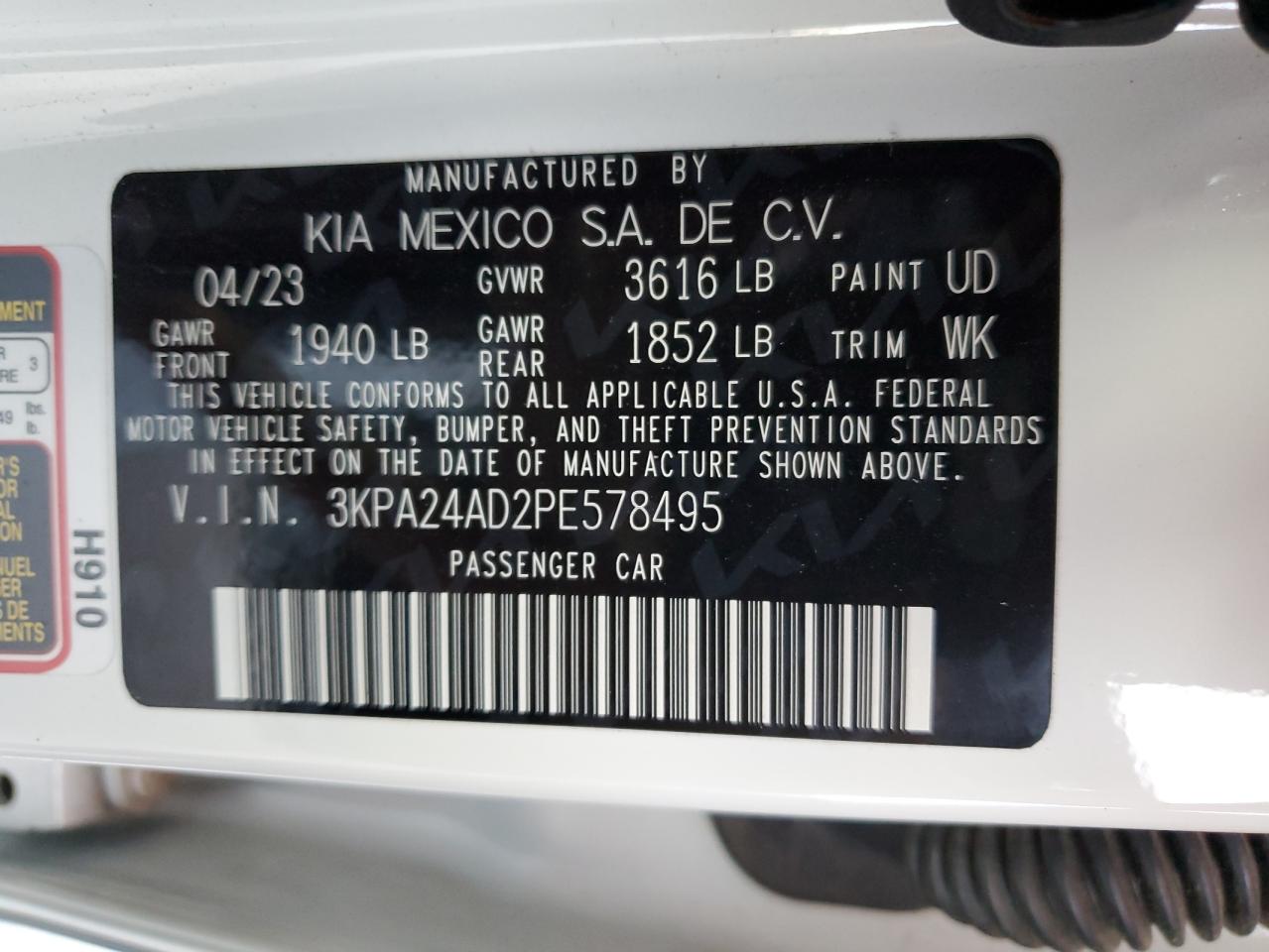 2023 Kia Rio Lx VIN: 3KPA24AD2PE578495 Lot: 85412534