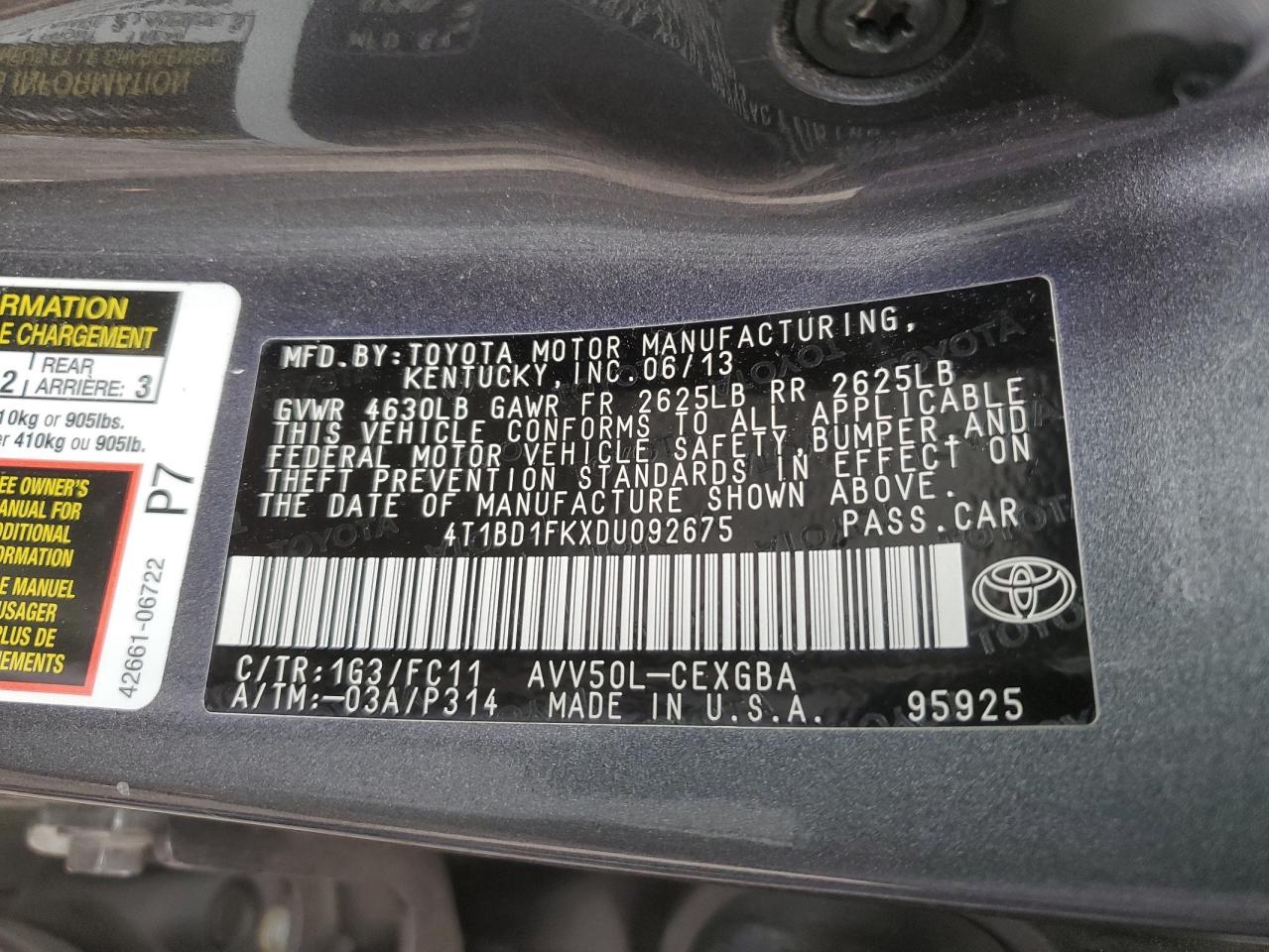 VIN 4T1BD1FKXDU092675 2013 TOYOTA CAMRY no.12