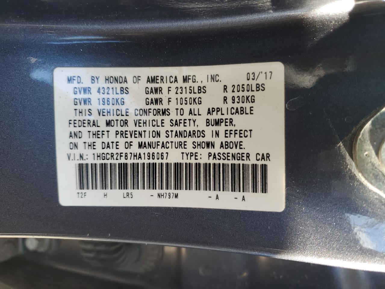 VIN 1HGCR2F87HA196067 2017 HONDA ACCORD no.13