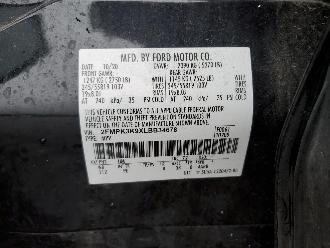 2020 Ford Edge Titanium VIN: 2FMPK3K9XLBB34678 Lot: 83781464