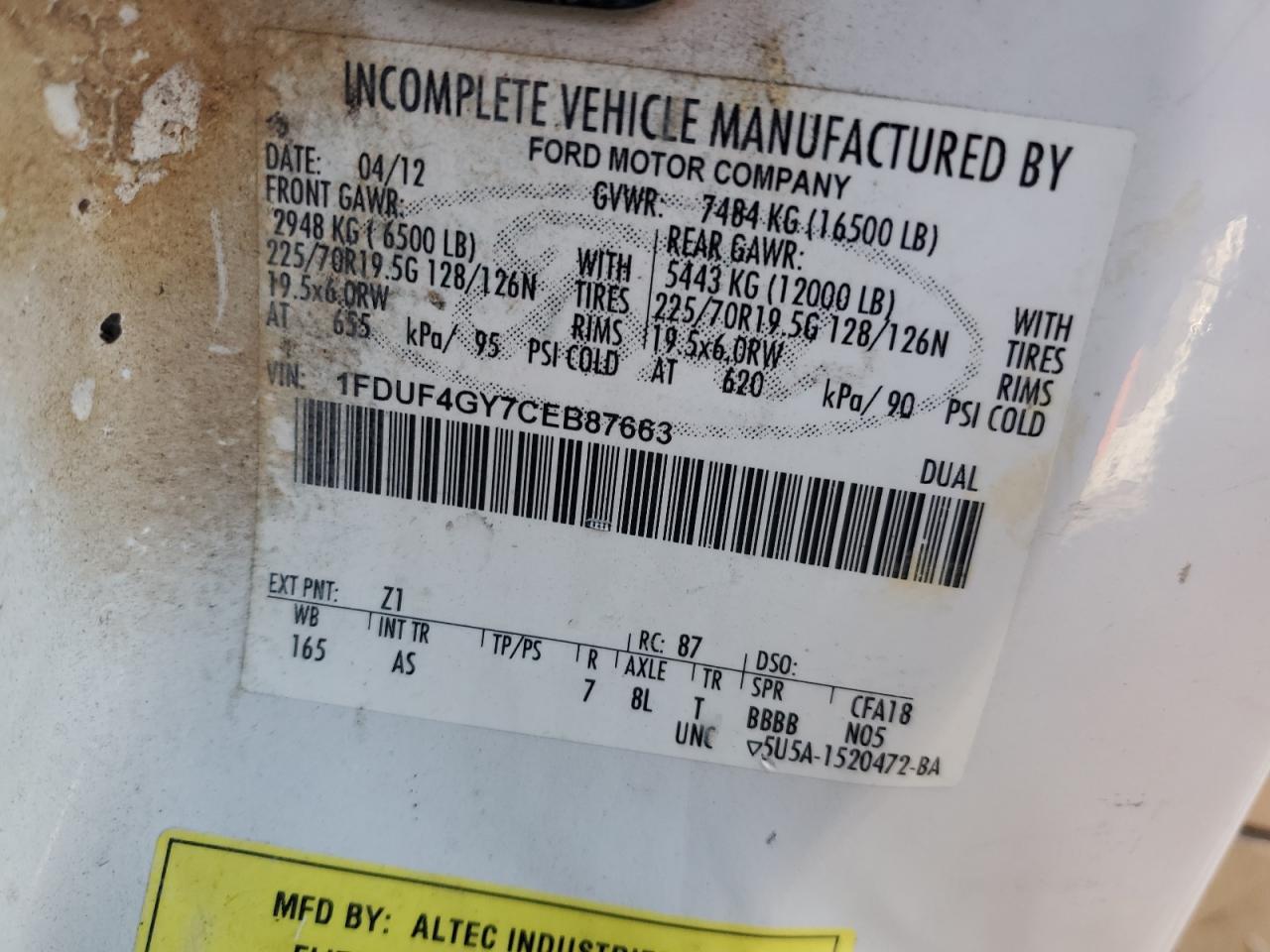 2012 Ford F450 Super Duty VIN: 1FDUF4GY7CEB87663 Lot: 43829105