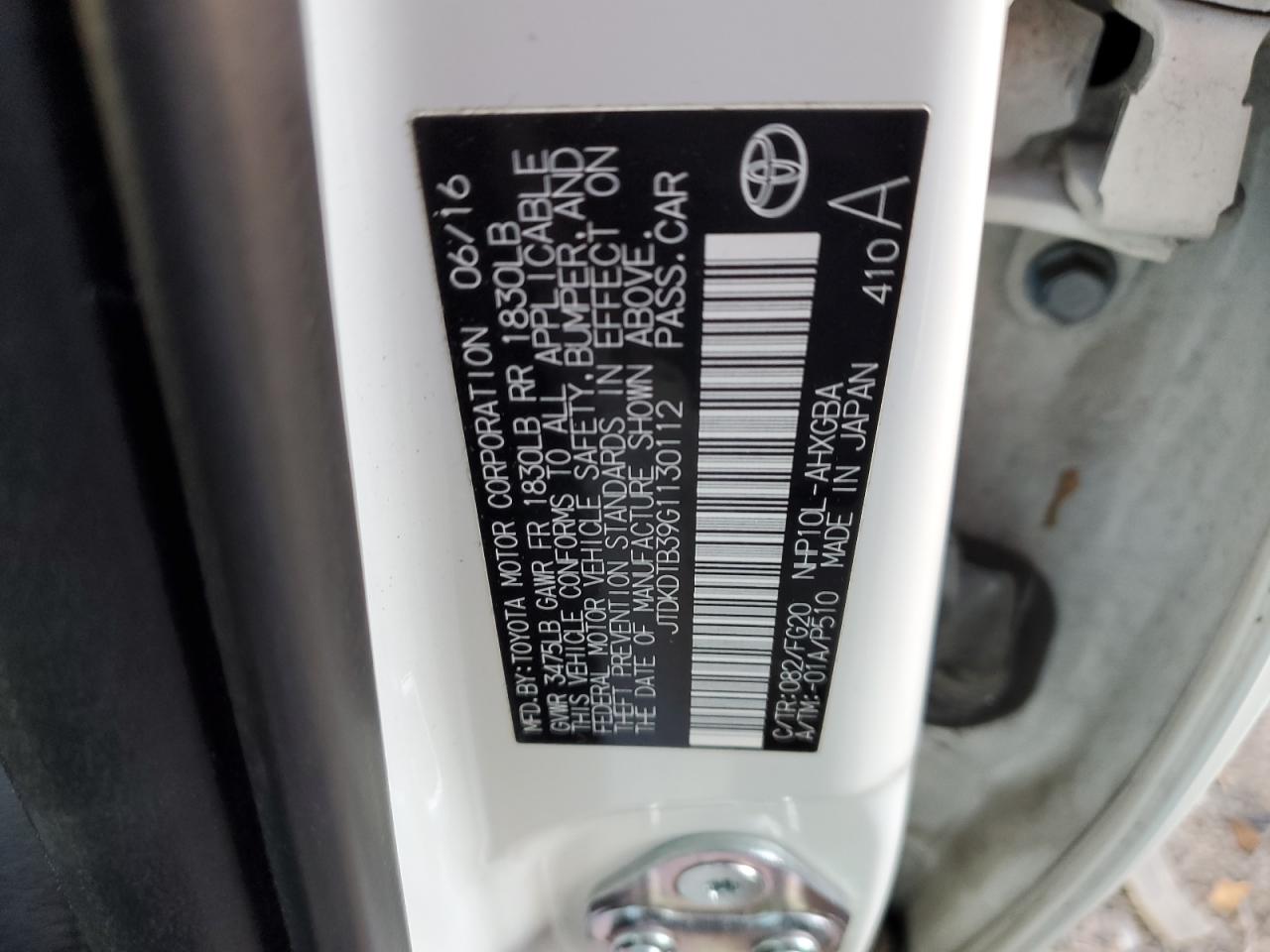 VIN JTDKDTB39G1130112 2016 TOYOTA PRIUS no.12