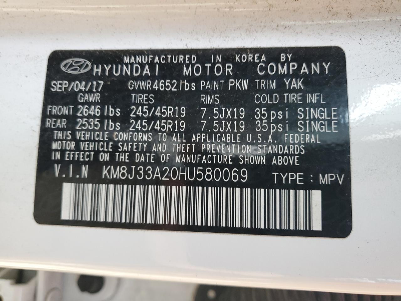 VIN KM8J33A20HU580069 2017 HYUNDAI TUCSON no.12