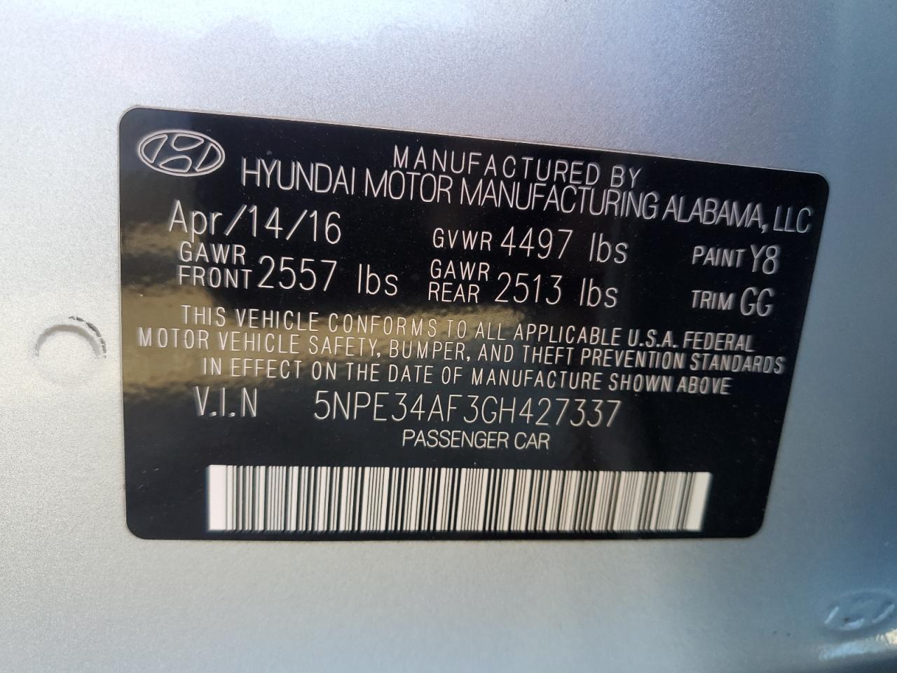 VIN 5NPE34AF3GH427337 2016 HYUNDAI SONATA no.12