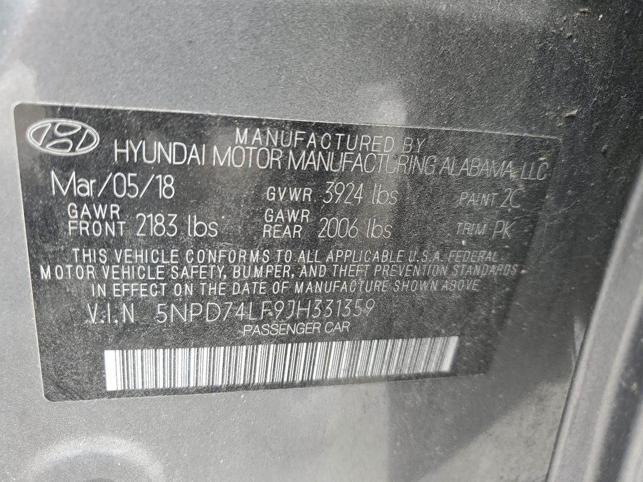 VIN 5NPD74LF9JH331359 2018 HYUNDAI ELANTRA no.12