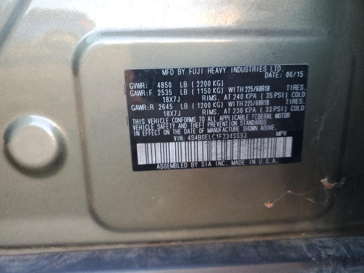 VIN 4S4BSELC1F3349693 2015 SUBARU OUTBACK no.13